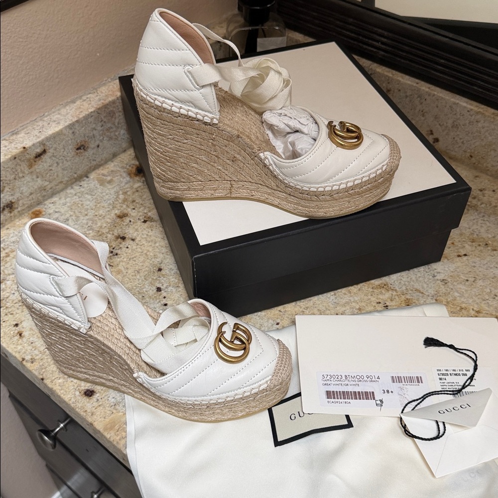 NEW GUCCI White Leather Marmont GG Charlotte Espadrille Wedge Sandals 38.5 - Picture 4 of 17